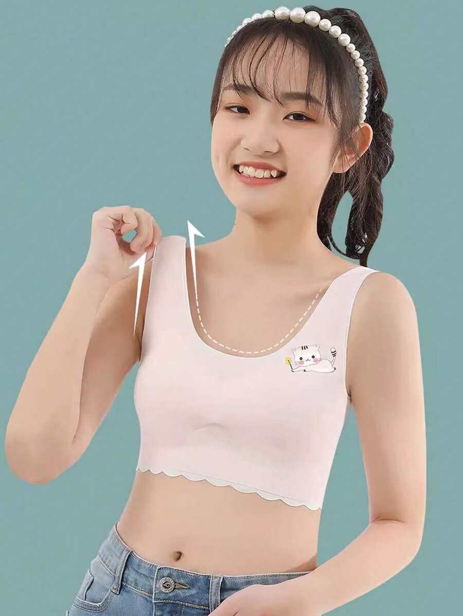 青少女可愛簡約卡通圖案清新風格訓練內衣 - 淺粉色 - 查看 1