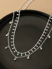 1 套 2 件合金欧美风格多层浮雕锁骨链项链配水晶吊坠，适合女性日常佩戴 - 銀色 - 查看 2