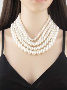 2pcs/Set Fashionable Exaggerated French-Style Multi-Layer Faux Pearl Necklace Set, Suitable For Banquets, Parties, Weddings, And Winter Sweater Dresses