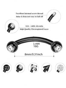 5pcs Eyebrow Piercing Jewelry For Women, Stainless Steel Curved Barbell Eyebrow Rings CZ Belly Button Rings Black Tragus Helix Snake Eyes Tongue Ring Septum Nose Earrings Piercing Jewelry Set