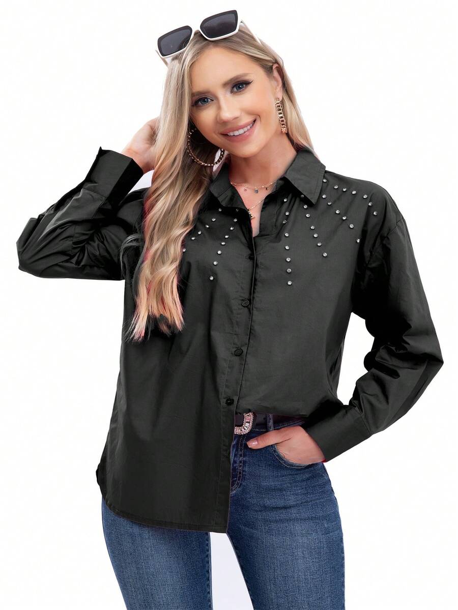 Blusa Dama con aplicación de pedrería en pecho y hombros caídos Moda y casual suelta Camisa de mujer de color sólido con diamantes - Negro - Ver 1