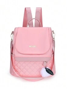 绗缝防盗背包，轻便，多口袋刺绣高级女士旅行包。时尚女士零钱包，防水高档休闲背包，带毛球吊坠，女士购物单肩包，时尚搭配背包，适合女生、中小学生、大学一二年级学生、毕业生、妈妈背包。