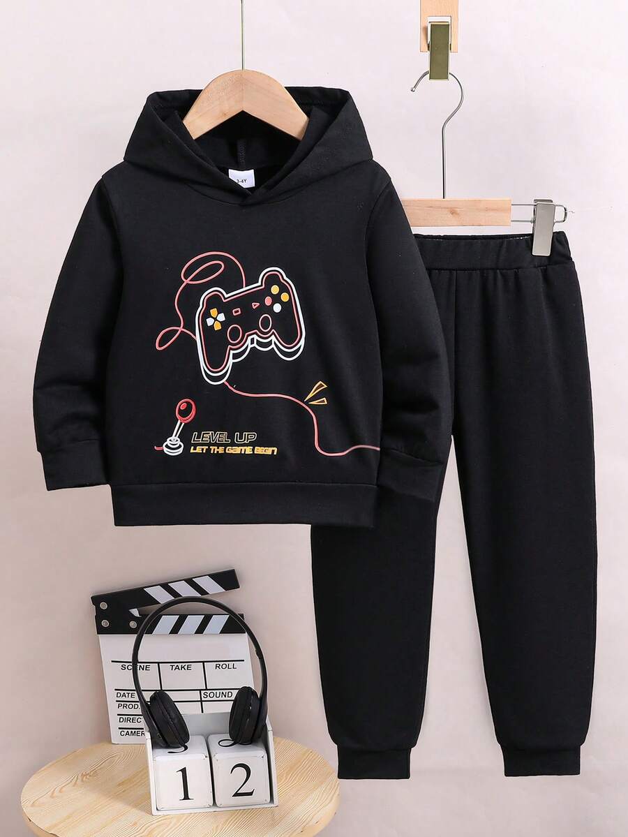 Toddler Boys' Hooded Sweatshirt And Sports Pants Set With Game Console Pattern Print - Black - View 1