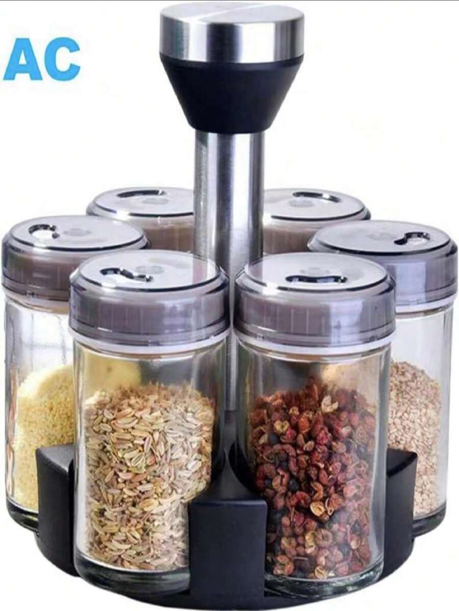 Estantería giratoria para especias con 6 tarros de vidrio, organizador de condimentos para la cocina de casa, accesorios, utensilios, aparatos de cocina, regalo de Navidad para cocinar - Gris - Ver 1
