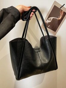 1pc Lightweight Black Pu Shoulder Bag With Large Capacity And Magnetic Closure For Daily Use - Black - View 2