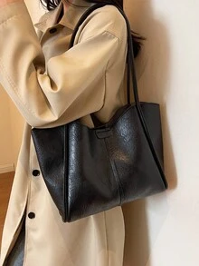 1pc Lightweight Black Pu Shoulder Bag With Large Capacity And Magnetic Closure For Daily Use - Black - View 3