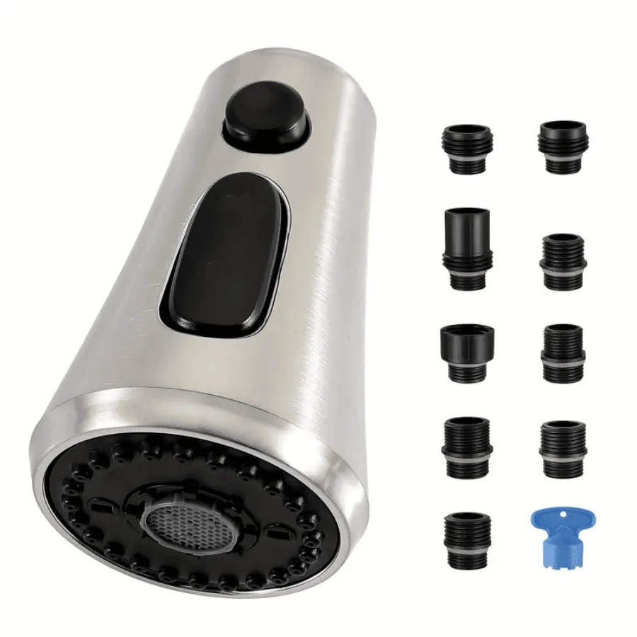 Pull Down Spray Head for Kitchen Faucet, 3-Function Kitchen Sink Spray Nozzle with 9 Adapters, Faucet Head Replacement Compatible with Moen, American Standard, Delta, Kohler Faucets - Brushed color - View 1