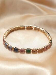 1pc Fashionable Luxury Cube Cz Bracelet With Rainbow Color Cz Inlay, Perfect Gift For Girlfriend - White - View 3