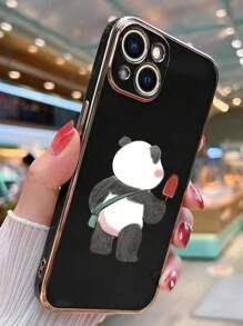 1pc Black Ice Cream Panda Painted Electroplating Shockproof Phone Case - Black - View 7