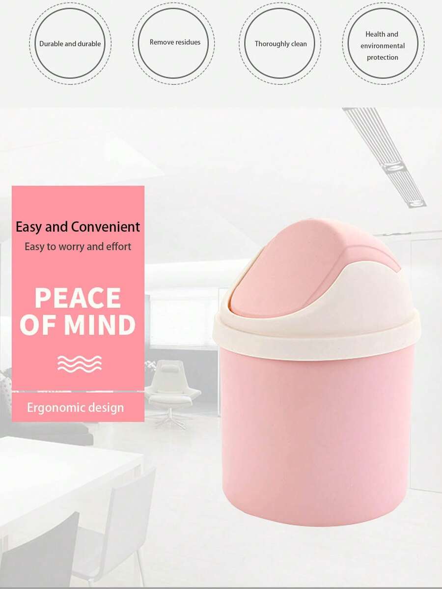 1pc Mini Swing Top Pp Trash Can, Portable Desktop Waste Bin With Lid For Desk Tidy, Simple Solid Color - Pink - View 1