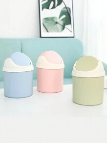 1pc Mini Swing Top Pp Trash Can, Portable Desktop Waste Bin With Lid For Desk Tidy, Simple Solid Color - Pink - View 3