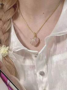 1 件可愛青銅槓鈴愛心吊墜項鍊帶蛋白石玻璃適合女士日常佩戴 - 藕粉色 - 查看 3