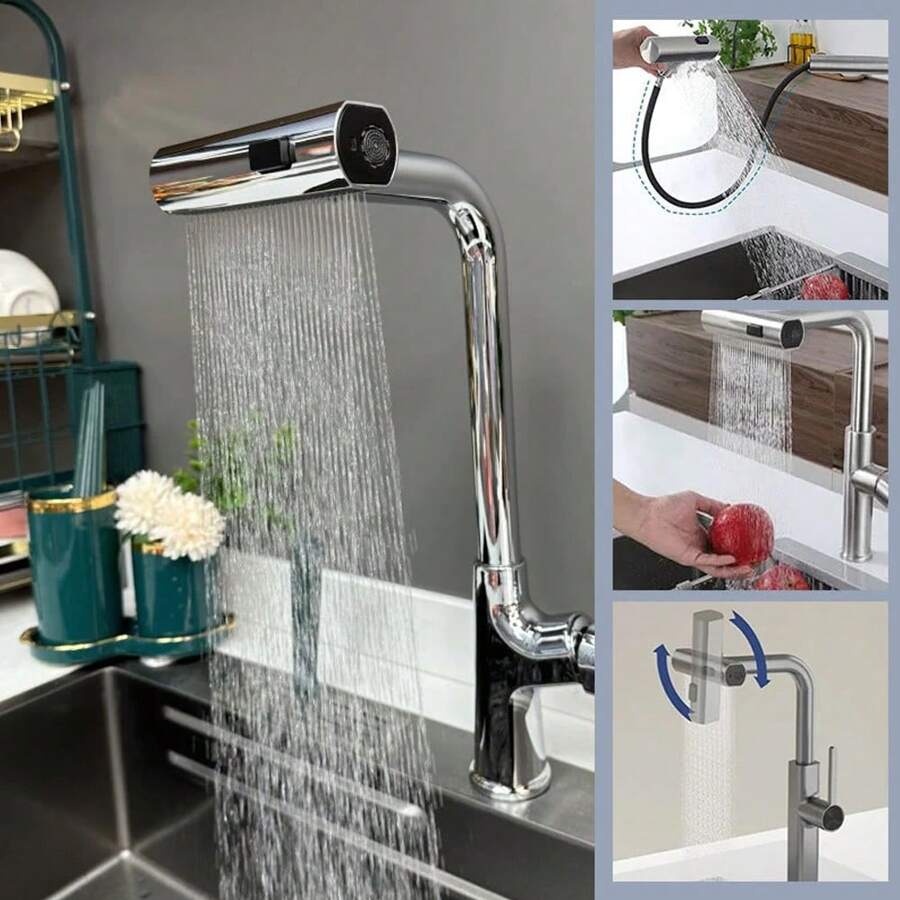 瀑布式廚房水龍頭防濺加長水龍頭起泡器大流水水槽水龍頭浴室水龍頭 - 銀色 - 查看 1