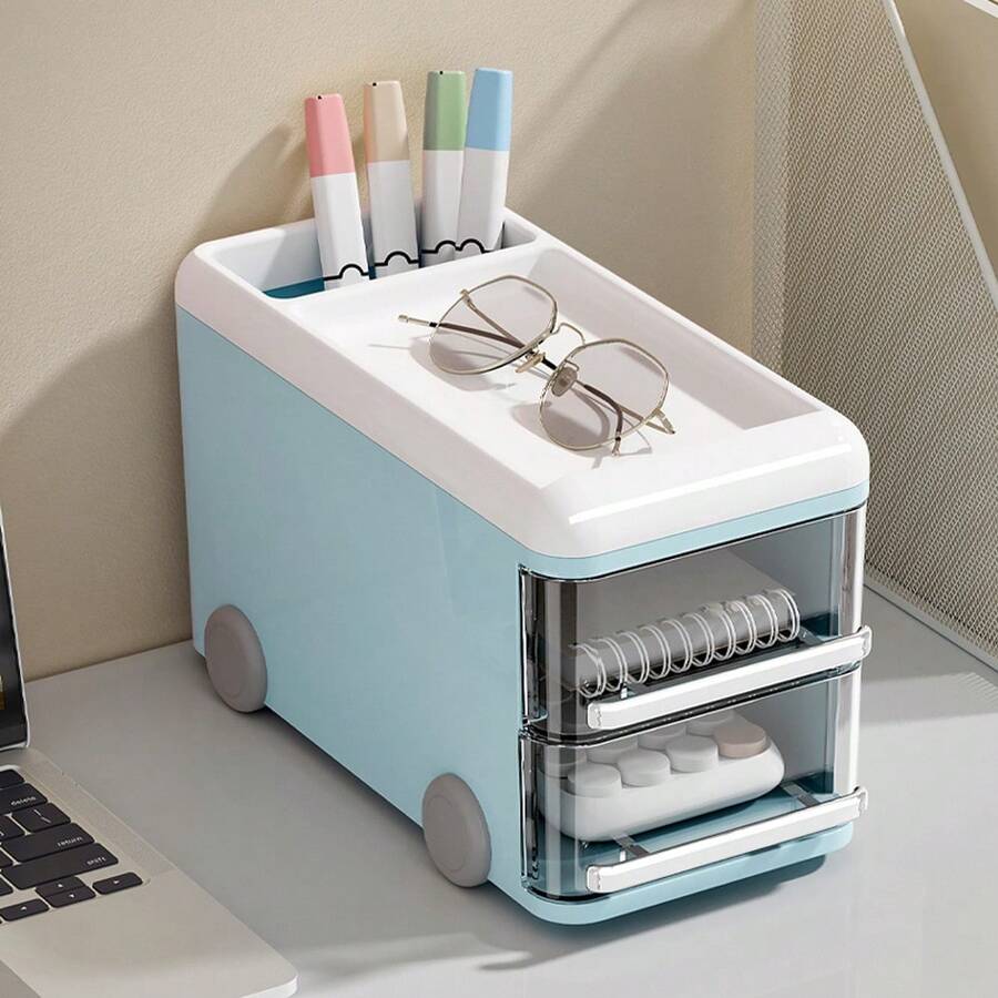 1pc 2 double layer bus pen holder stationery document storage box - Blue - View 1