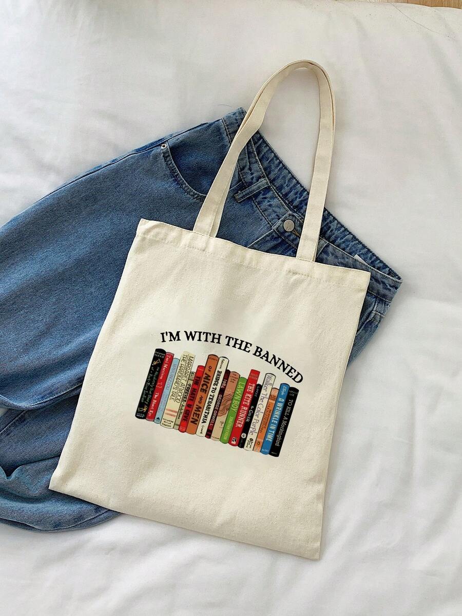 1 Bolsa De Mano Para Mujer Con Estampado De Libro - Beis - Ver 1