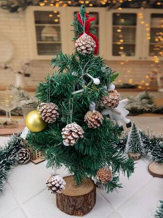 9pcs/set White Edged Pine Cone Christmas Ornaments, Decorative Display For Christmas