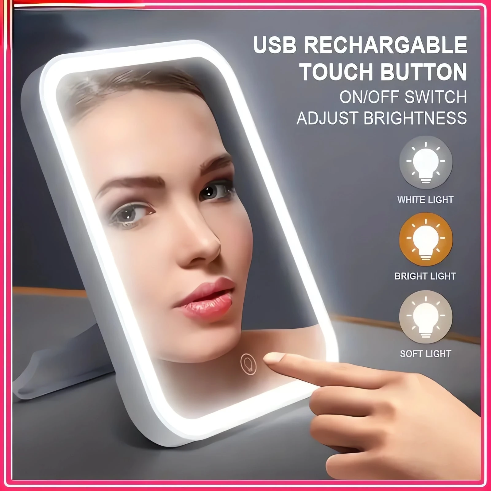 Portable LED Makeup Mirror With Touch Screen Dimming And 3 Levels Of