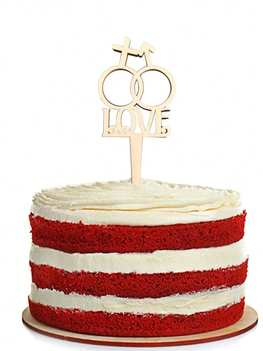 1pc Love Cake Topper Wedding Decoration, Rustic Wood - Apricot - View 1