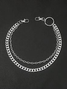 1pc Men's Double Layered Simple Metal Chain With Big Circle Pendant For Matching With Work Pants, Trouser Chain Accessory - Silver - View 2