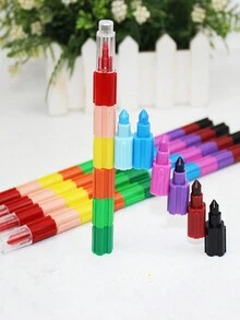 4 件裝 12 色創意積木形狀蠟筆、畫棒、彩色學生文具、獎品、學習繪畫、組裝玩具畫棒 - 彩色 - 查看 1