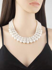 2pcs/Set Fashionable Exaggerated French-Style Multi-Layer Faux Pearl Necklace Set, Suitable For Banquets, Parties, Weddings, And Winter Sweater Dresses