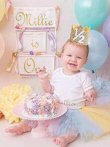 1入半歲生日皇冠,半歲生日派對帽,可調節和重複使用,兒童生日皇冠,派對照片道具,生日派對裝飾(金色)