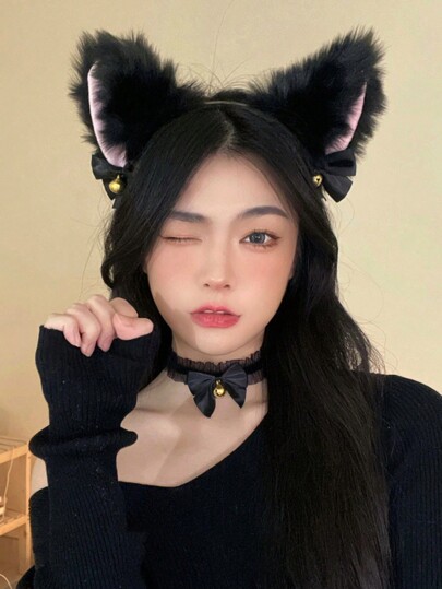 Cute 1pc Women's Bell & Black Cat Ear Shape Hairband For Halloween & Christmas Costume Headwear Witch Cat Ear Scat Ears