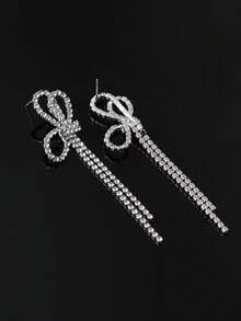 1pair Silver Color Rhinestone Bowknot Tassel Dangle Earrings - Silver sparkling diamond bow - View 6