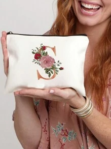 字母花卉印花女士化妝包伴娘化妝盒美容用品收納盒洗漱收納袋婚禮派對新娘禮物梳妝收納盒 - 米色 - 查看 3