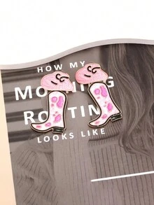2pcs Personalized Zinc Alloy Dangle Earrings With Oil Drop Western Cowboy Boot And Simple Cow Print Hat Designs - Pink - View 2