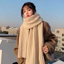1pc Cream-Colored Ins-Style Harajuku Thick Knitted Scarf For Women, Winter, Warm & Fashionable, Suitable For Autumn And Winter Use, Students' Choice - Beige - View 7