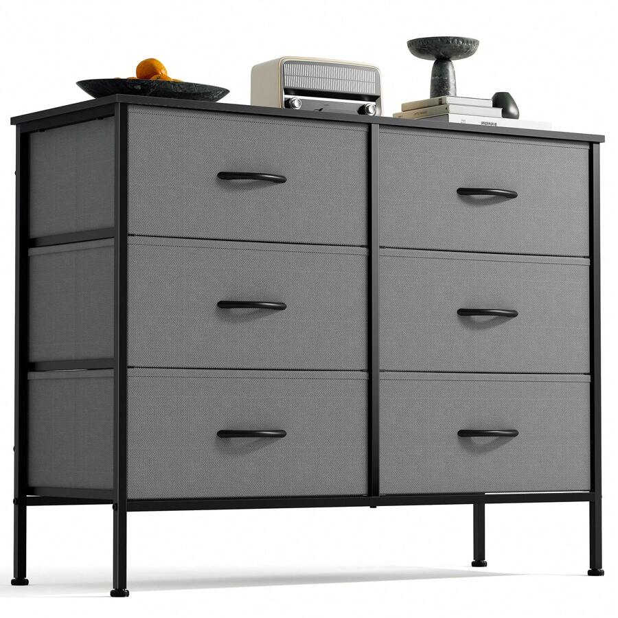 Sweetcrispy Dresser For Bedroom, 6 Drawers Dressers And Chests Of Drawers, TV Stand For Bedroom With Fabric Drawers, Kids Dresser Fabric Storage Dresser For Living Room - Grey - View 1