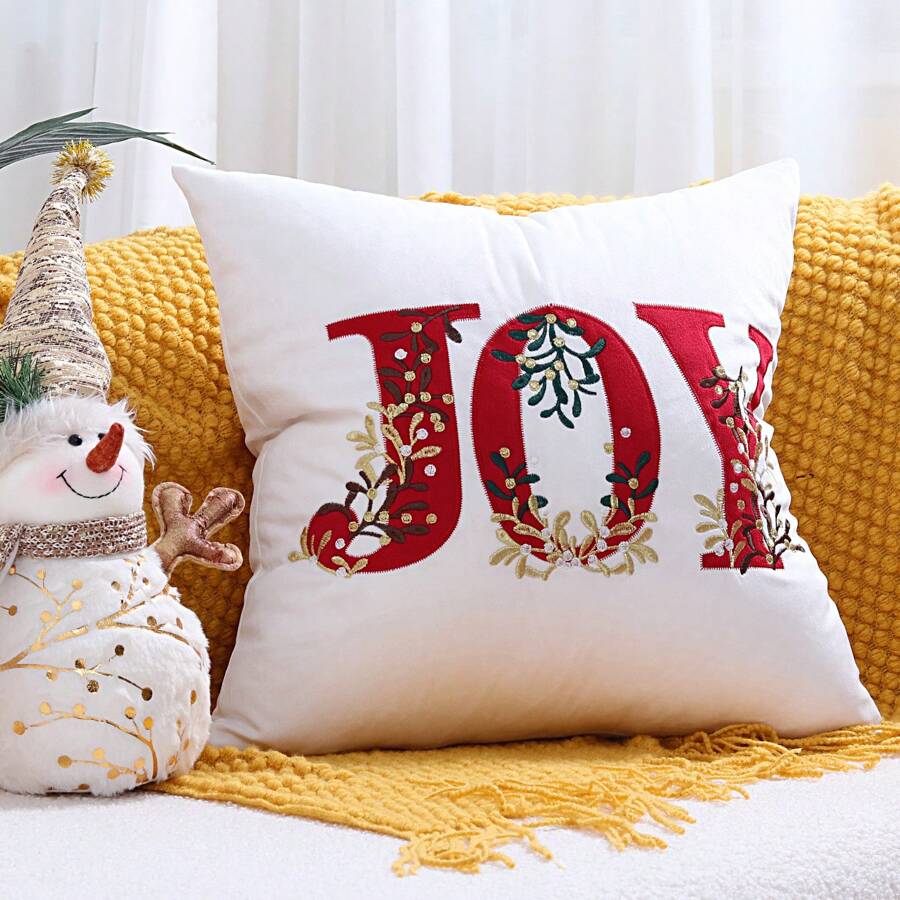 1 Stück Englisch Buchstabe Freude Stickerei Kissen Fall, Weihnachten Dekorative Kissenbezug Für Wohnzimmer Sofa 45*45cm - Rot-Weiß - Übersicht 1
