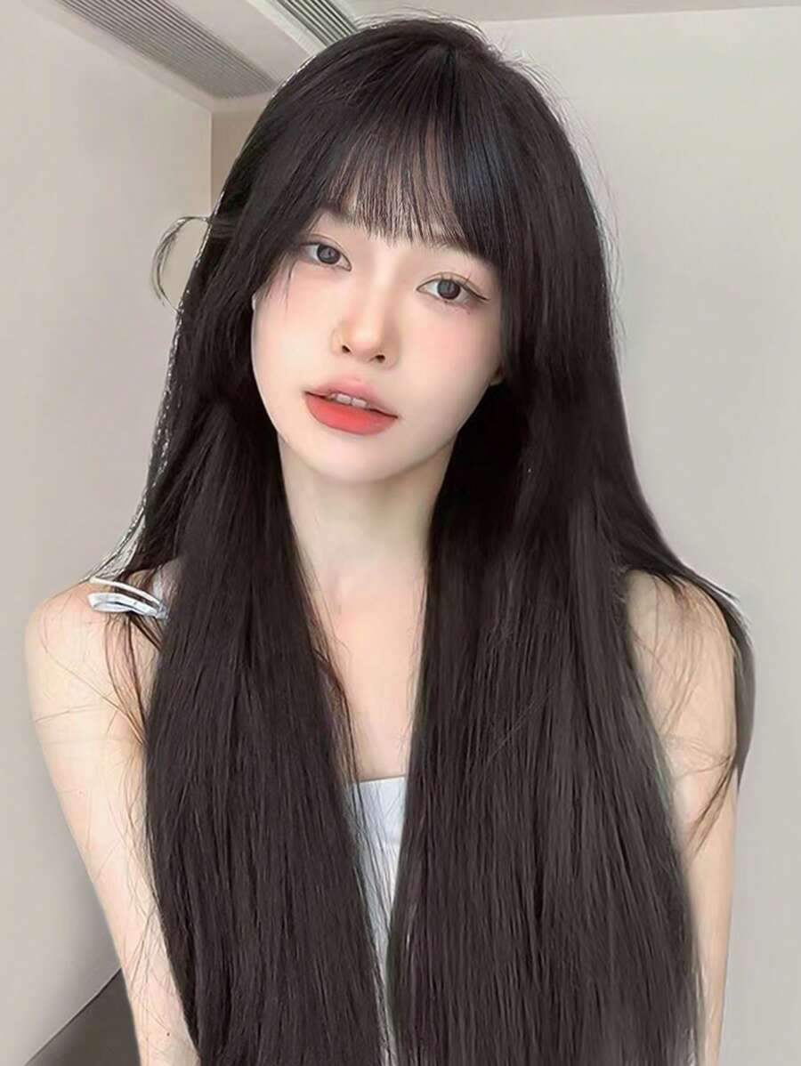 女用黑色長直髮空氣中等長中長髮cos網紅優雅修臉逼真自然全頭套棕黑色 - 黑色 - 查看 1