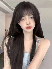 女用黑色長直髮空氣中等長中長髮cos網紅優雅修臉逼真自然全頭套棕黑色 - 黑色 - 查看 2