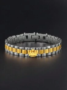 1pc Minimalist Fashion Gold-Plated Small Crown Stainless Steel Bracelet, Suitable For Men, Women And Couples, Elegant Fashion Accessory For Daily Outfit, Party, Date, Recommended Gift, High Quality Jewelry With Unique Design, Essential For Style - Yellow Gold - View 1