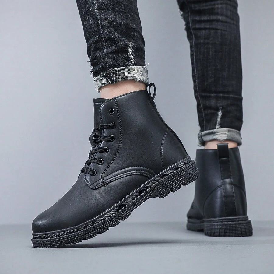 男士摩托車靴,英式中高踝pu皮鞋,短靴,工作靴,pu皮踝靴,系帶楔形跟休閒戶外靴