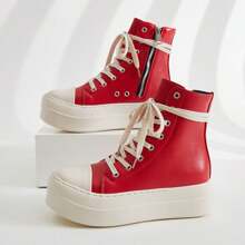 Women's High-Top Platform Sneakers With Side Zipper, Lace-Up, And Increase, Casual Fashion Shoes - Đỏ - Xem 3