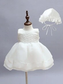 Baby Girls' White Tulle Dress With Matching Hat For Wedding / Party