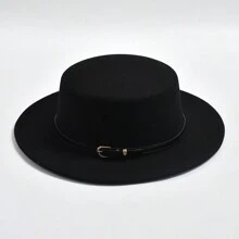 1頂秋冬平頂帽,簡約時尚街頭風格爵士帽,帶皮帶扣 - 黑色 - 查看 2