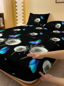 1 pieza Sábana ajustada cepillada impresa con mariposas y diente de león en estilo simple y moderno, cubierta a prueba de polvo para ropa de cama textil del hogar para dormitorio