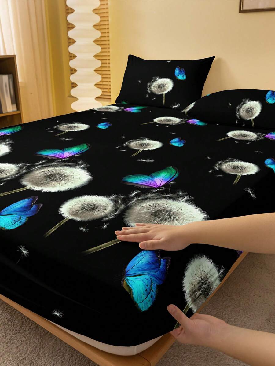 1 pieza Sábana ajustada cepillada impresa con mariposas y diente de león en estilo simple y moderno, cubierta a prueba de polvo para ropa de cama textil del hogar para dormitorio
