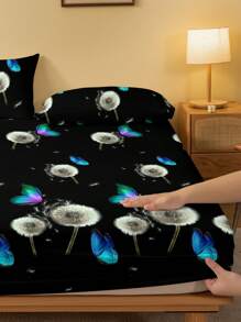 1 pieza Sábana ajustada cepillada impresa con mariposas y diente de león en estilo simple y moderno, cubierta a prueba de polvo para ropa de cama textil del hogar para dormitorio