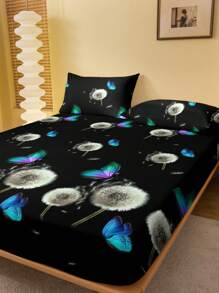 1 pieza Sábana ajustada cepillada impresa con mariposas y diente de león en estilo simple y moderno, cubierta a prueba de polvo para ropa de cama textil del hogar para dormitorio
