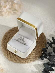 1pc White Pu Leather Gold Edged Ring Box - White - View 6