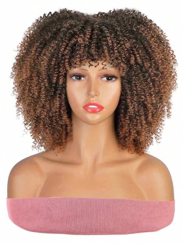 Afro Curly Wig with Bangs 12 Inch Short Kinky Curly Wig for Women