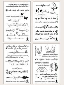 4 Piezas Tatuaje Temporal Con Palabras Y Frases En Inglés, Patrones De Mariposas Y Pájaros Para La Espalda, Muñeca, Pecho, Abdomen, Espalda Y Cuerpo - Negro - Ver 1