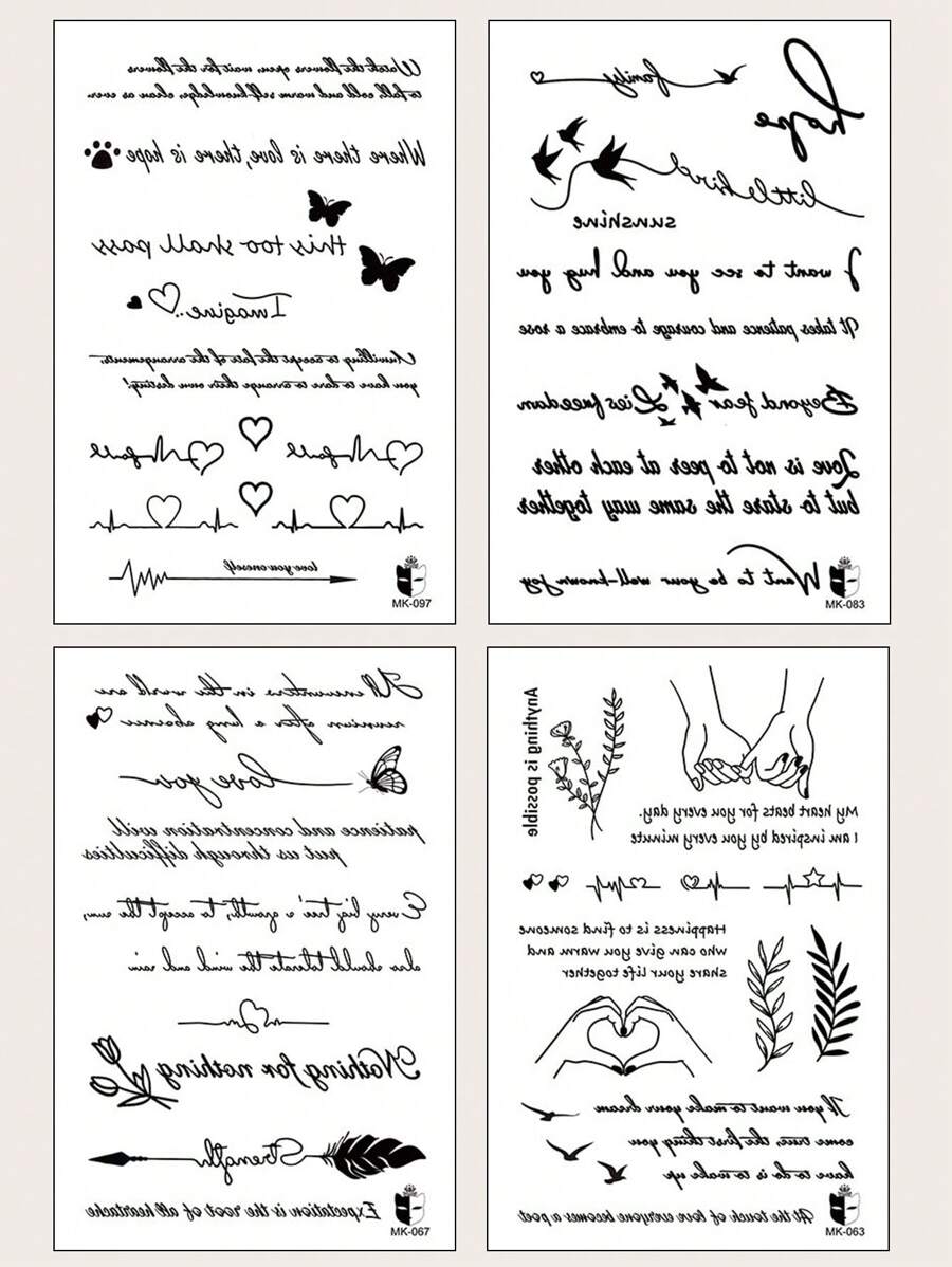 4 Piezas Tatuaje Temporal Con Palabras Y Frases En Inglés, Patrones De Mariposas Y Pájaros Para La Espalda, Muñeca, Pecho, Abdomen, Espalda Y Cuerpo - Negro - Ver 1