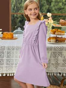Blibean Vestido de manga larga y dobladillo con volantes para niña preadolescente de ajuste holgado y unicolor - Morado - Ver 5
