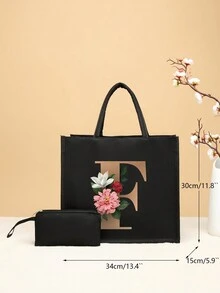 2pcs/set Lady's Floral Alphabet Pattern Travel Tote Bag Set - Black - View 4
